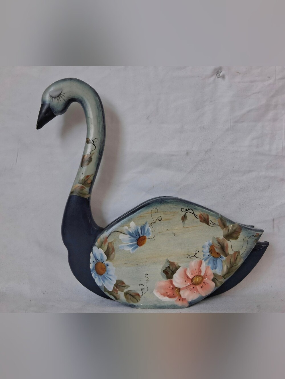 Folk Art Hand-Painted Blue Wooden Swan with Floral Design